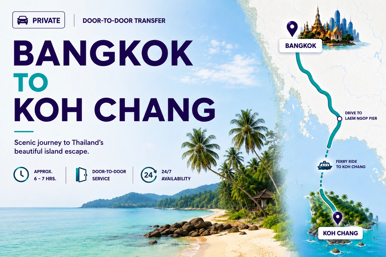 Bangkok → Koh Chang private chauffeur transfer with ferry — 315 km via Trat, 6–7 hrs · drive to Laem Ngop Pier + car ferry crossing · door-to-door to island hotel · 24/7 booking · flat ฿17,000