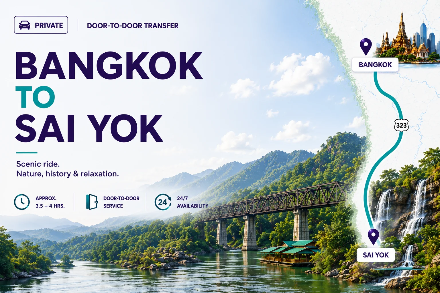 Bangkok → Sai Yok / River Kwai resorts private chauffeur transfer — 250 km via Highway 323, 3.5–4 hrs · door-to-door service · 24/7 booking · FloatHouse · Jungle Rafts · Resotel · flat ฿14,000