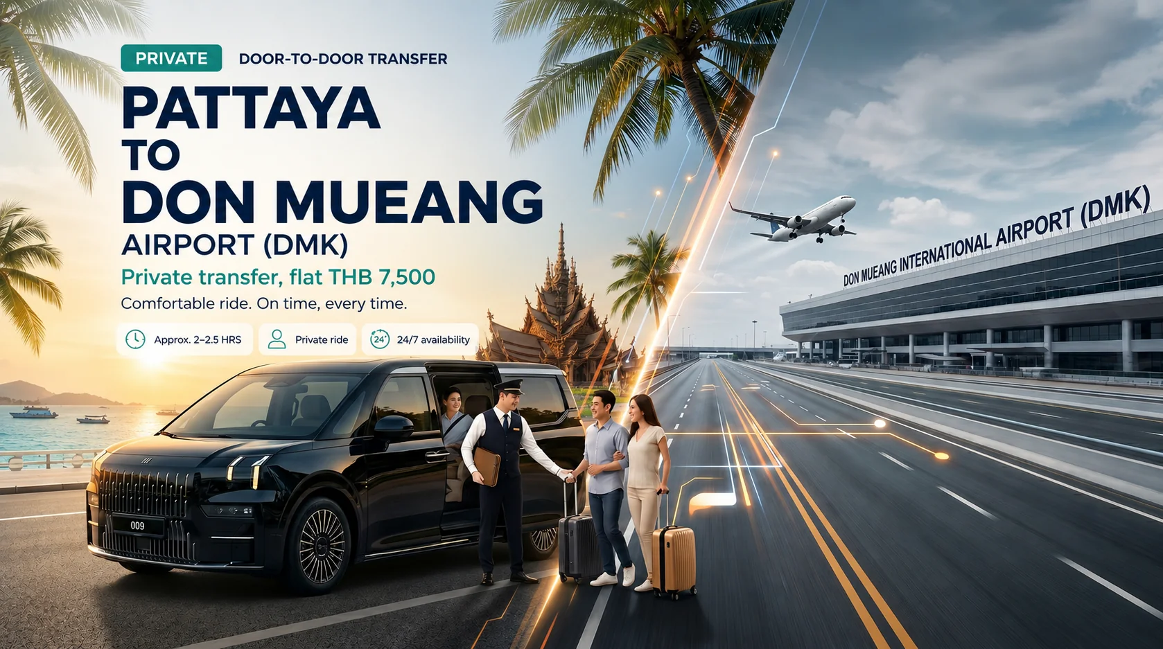 Pattaya → Don Mueang Airport (DMK) private chauffeur transfer — 170 km via Motorway 7 + Sirat Expressway, 2–2.5 hrs · door-to-door pickup from any Pattaya / Jomtien / Naklua address · flight-tracked drop at Terminal 1 or 2 · 24/7 booking · flat ฿7,500